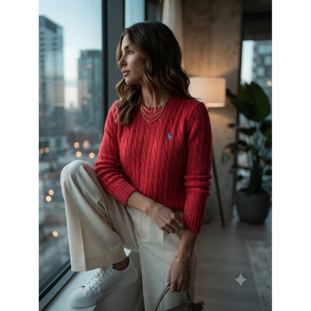 Polo Ralph Lauren Cable Knit Sweater Womens M Red Excellent Pima Cotton Slim Fit - Picture 1 of 7